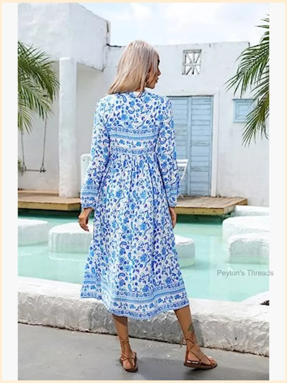 Long Sleeve Floral Print Retro V Neck Tassel Casual Bohemian Midi Dress